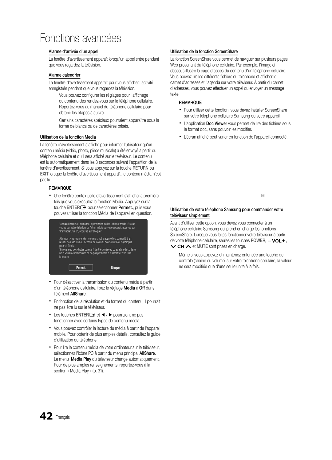 Samsung BN68-03165B-01, UC6300-ZC user manual Alarme darrivée dun appel, Alarme calendrier, Utilisation de la fonction Media 