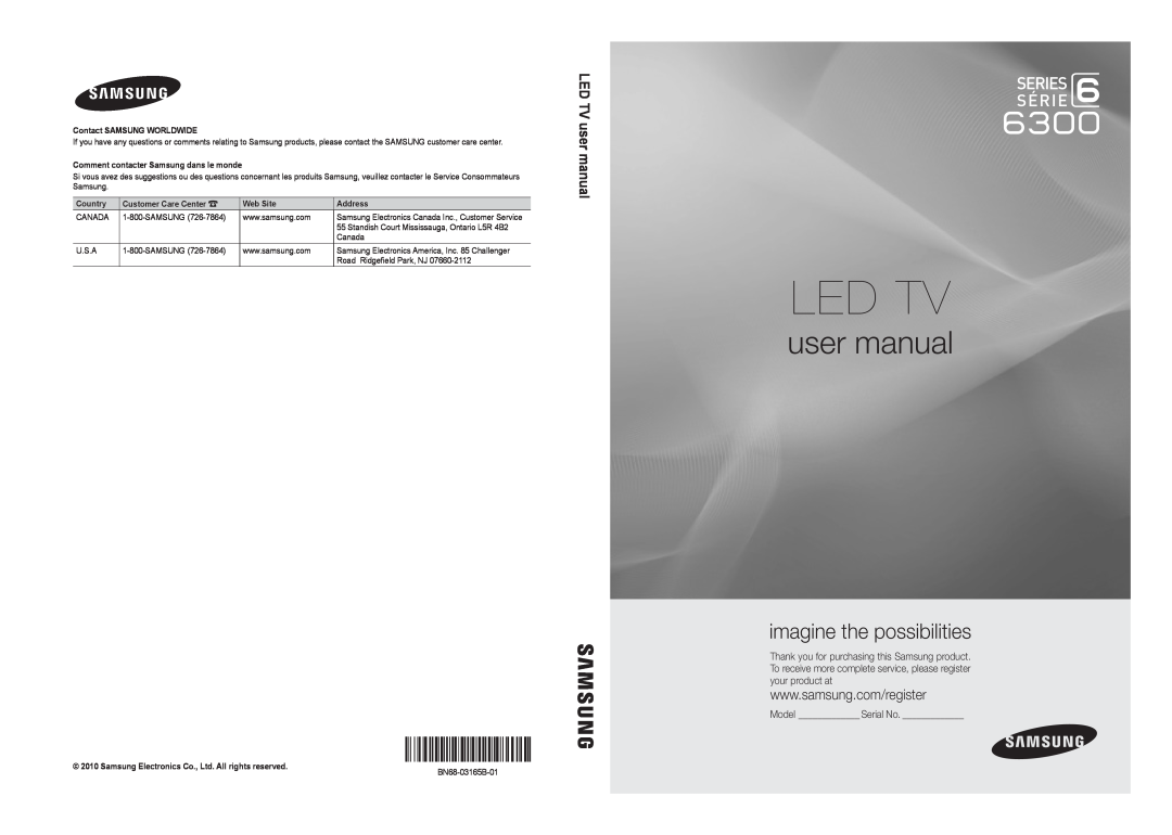 Samsung UC6300-ZC user manual Led Tv, imagine the possibilities, Model Serial No, LED TV user manual, Country, Web Site 