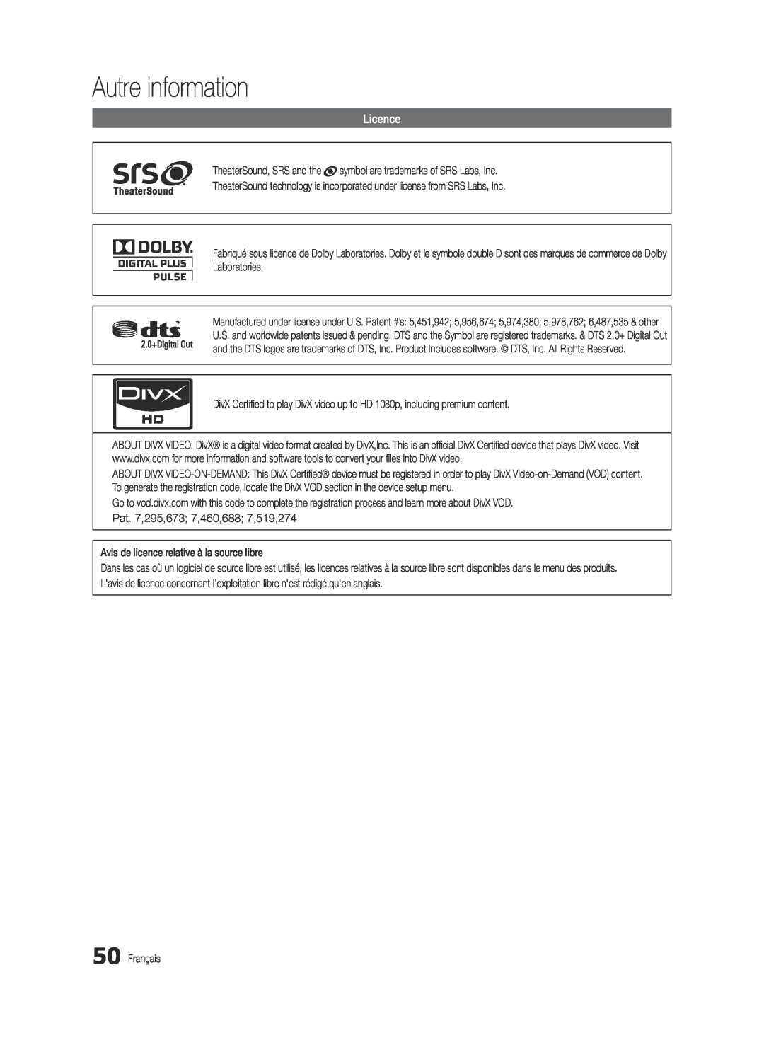 Samsung BN68-03165B-01, UC6300-ZC user manual Licence, Autre information 