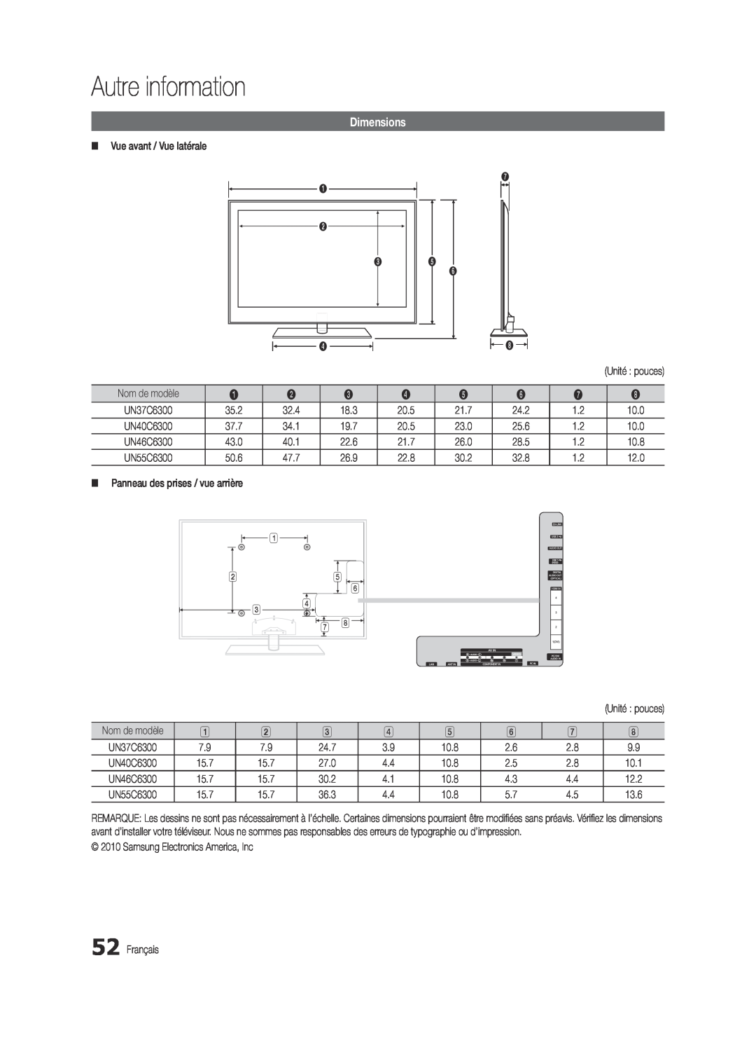 Samsung BN68-03165B-01, UC6300-ZC user manual Autre information, Dimensions 
