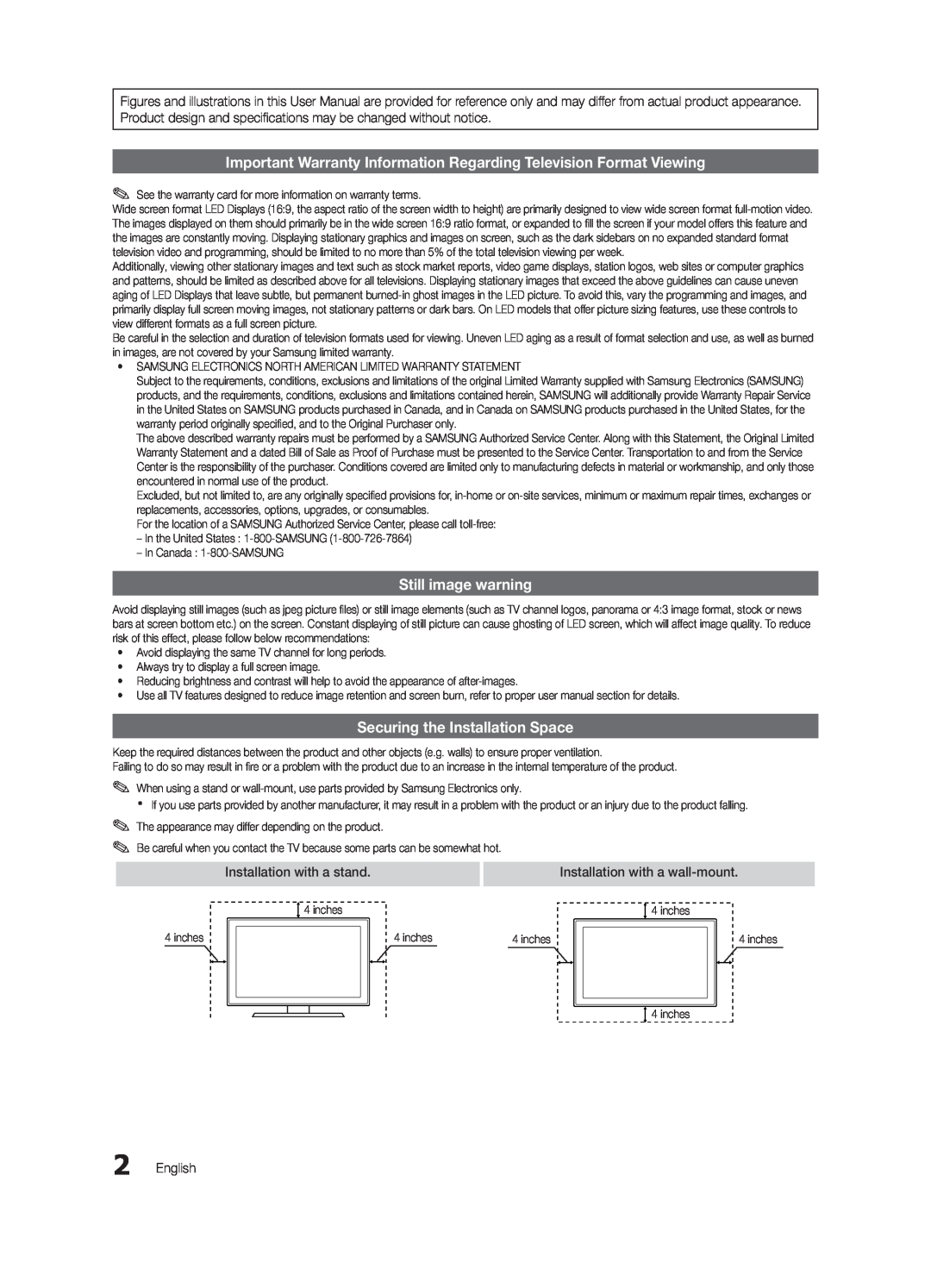 Samsung BN68-03165B-01 Important Warranty Information Regarding Television Format Viewing, Still image warning, English 