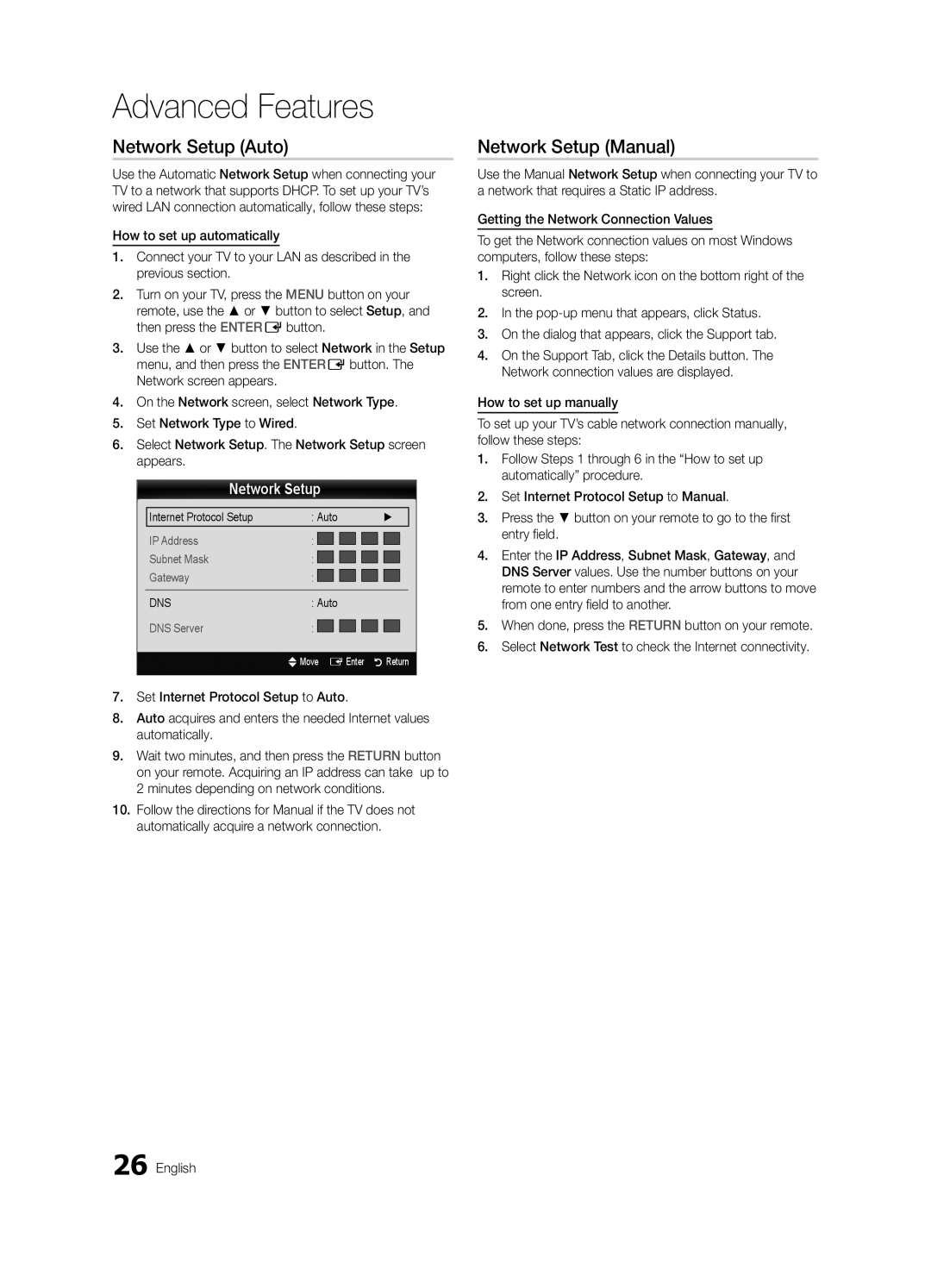 Samsung BN68-03165B-01, UC6300-ZC user manual Network Setup Auto, Network Setup Manual, Advanced Features 