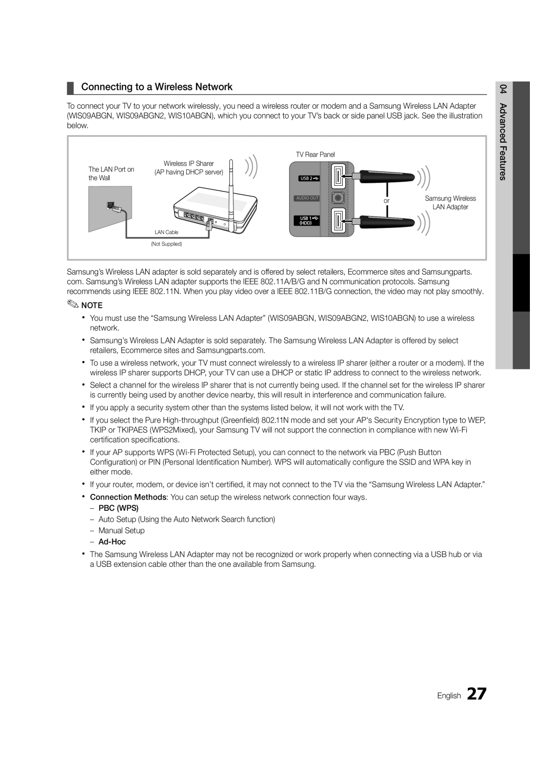 Samsung UC6300-ZC, BN68-03165B-01 user manual Connecting to a Wireless Network, 04Features, Samsung Wireless, LAN Adapter 