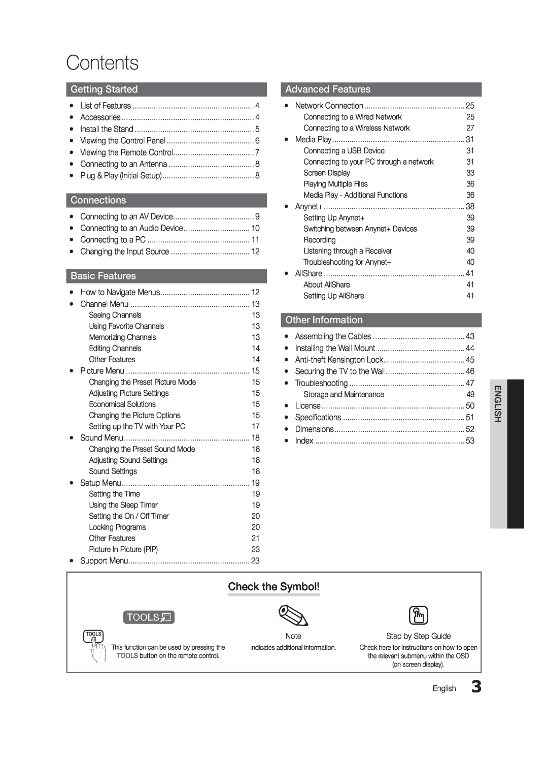 Samsung UC6300-ZC user manual Contents, Check the Symbol, Getting Started, Connections, Advanced Features, Basic Features 