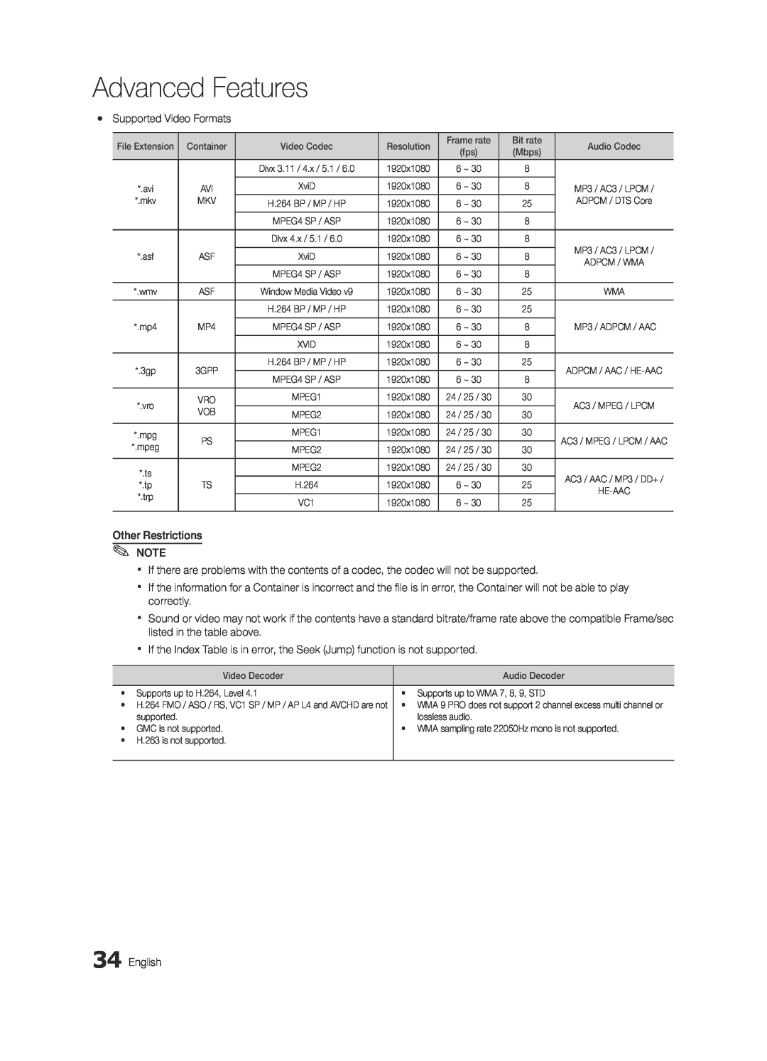 Samsung BN68-03165B-01, UC6300-ZC user manual Advanced Features, yy Supported Video Formats 
