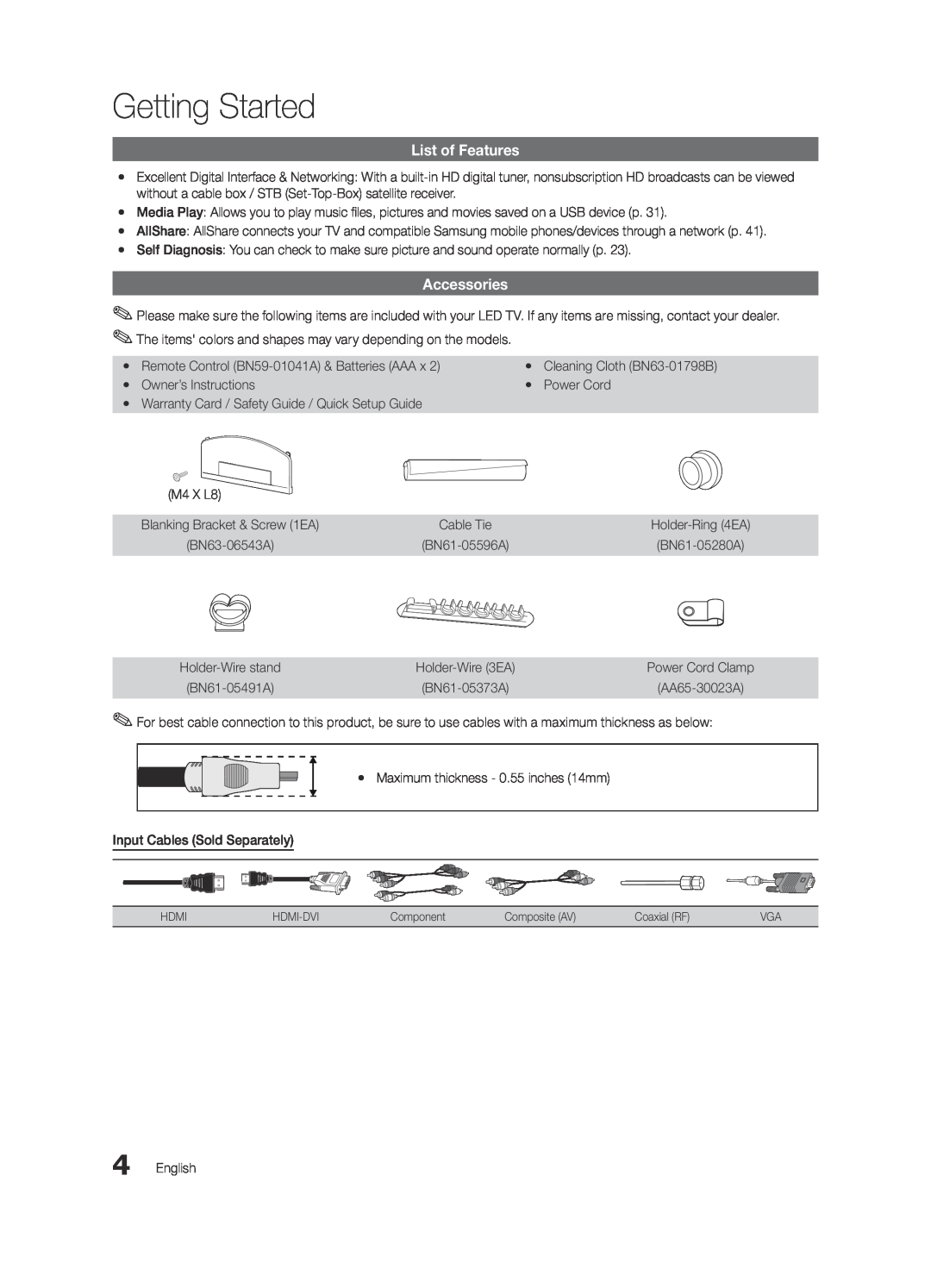 Samsung BN68-03165B-01, UC6300-ZC user manual Getting Started, List of Features, Accessories 