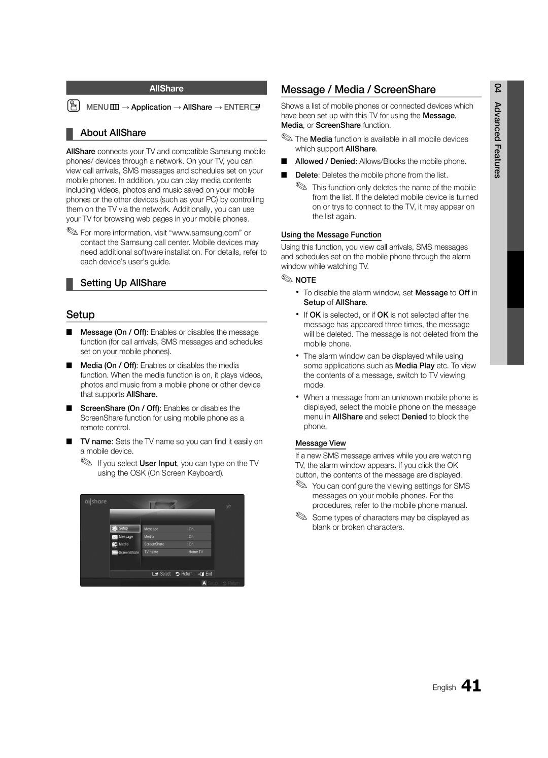 Samsung UC6300-ZC, BN68-03165B-01 user manual Setup, Message / Media / ScreenShare, About AllShare, Setting Up AllShare 