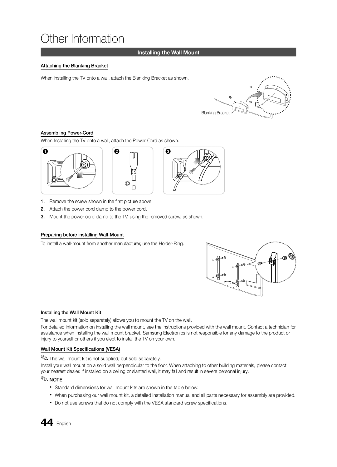 Samsung BN68-03165B-01, UC6300-ZC user manual Installing the Wall Mount, Other Information 