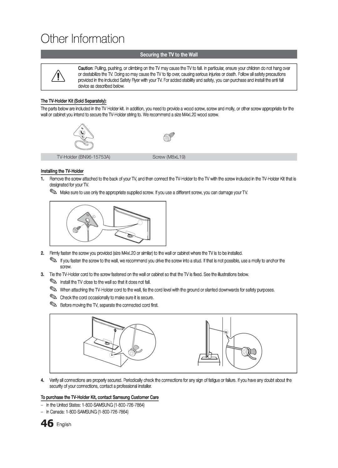 Samsung BN68-03165B-01, UC6300-ZC user manual Securing the TV to the Wall, Other Information 