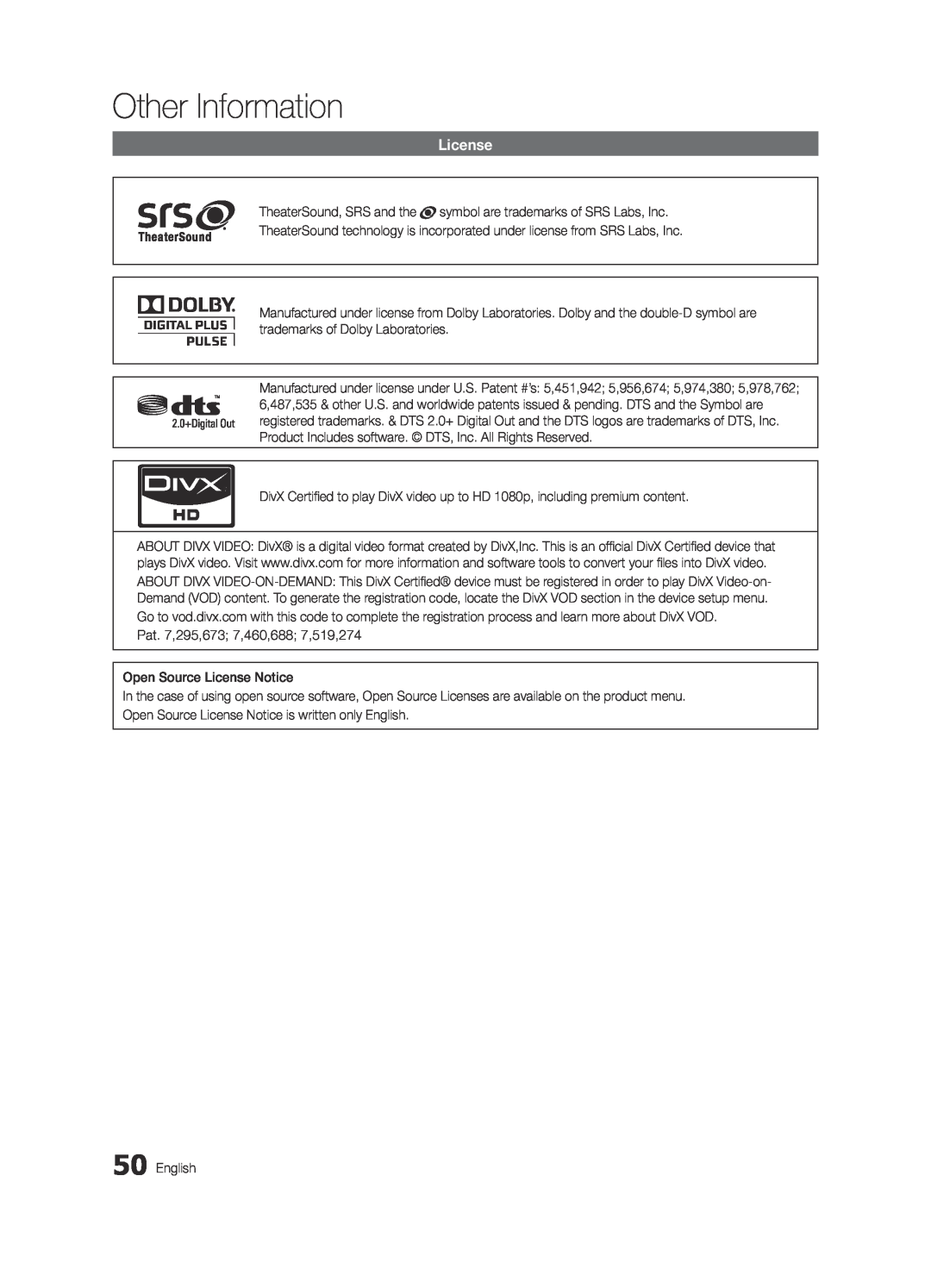 Samsung BN68-03165B-01, UC6300-ZC user manual License, Other Information 