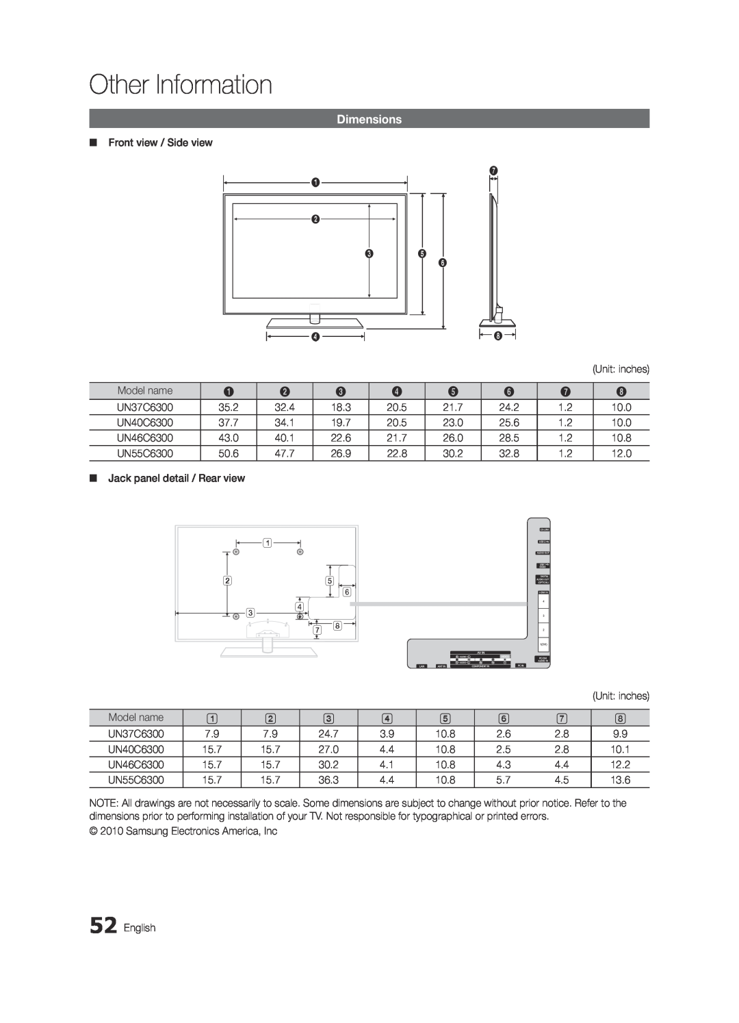 Samsung BN68-03165B-01, UC6300-ZC user manual Dimensions, Other Information 