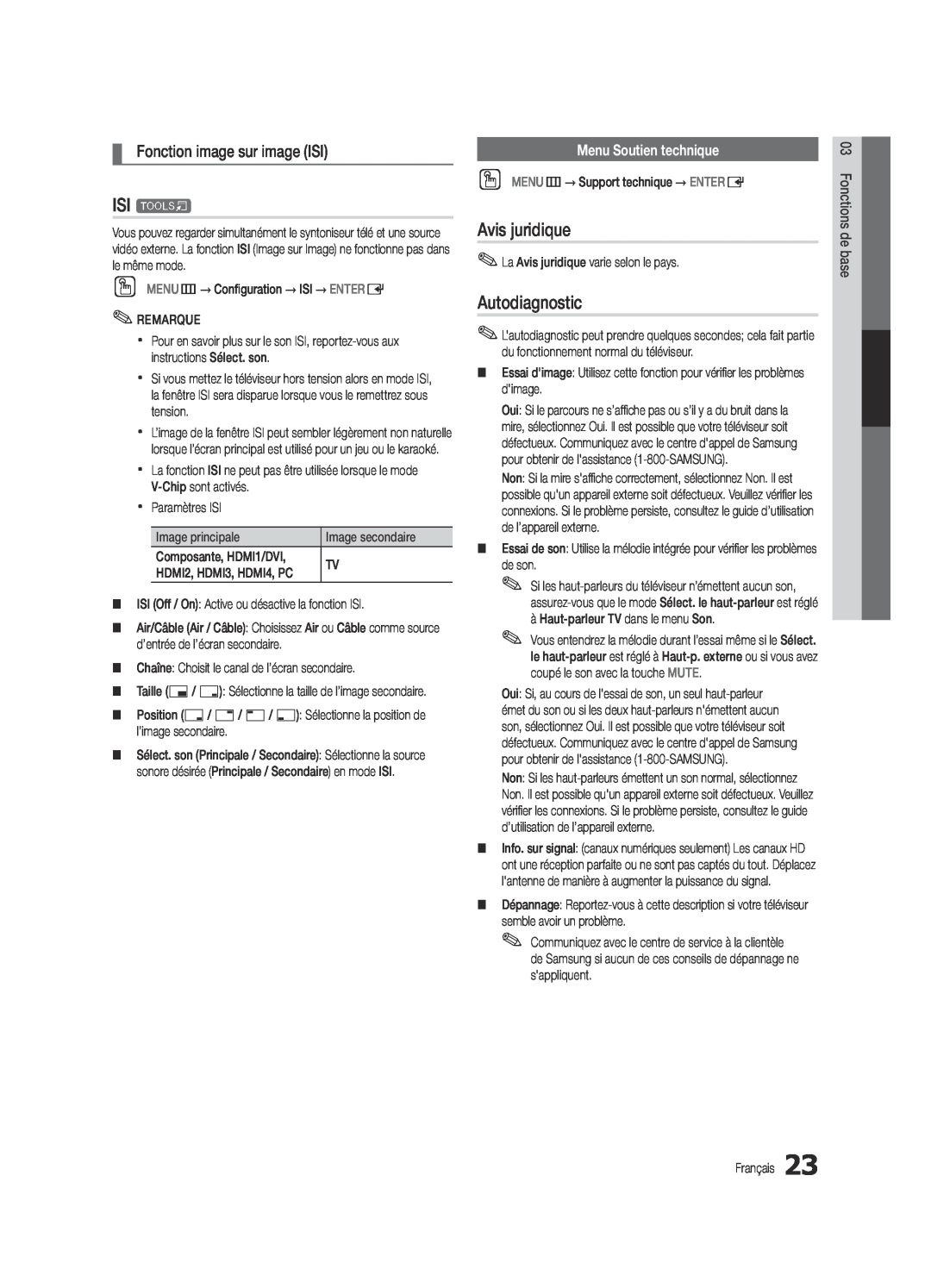 Samsung UC6300-ZC user manual ISI t, Avis juridique, Autodiagnostic, Fonction image sur image ISI, Menu Soutien technique 