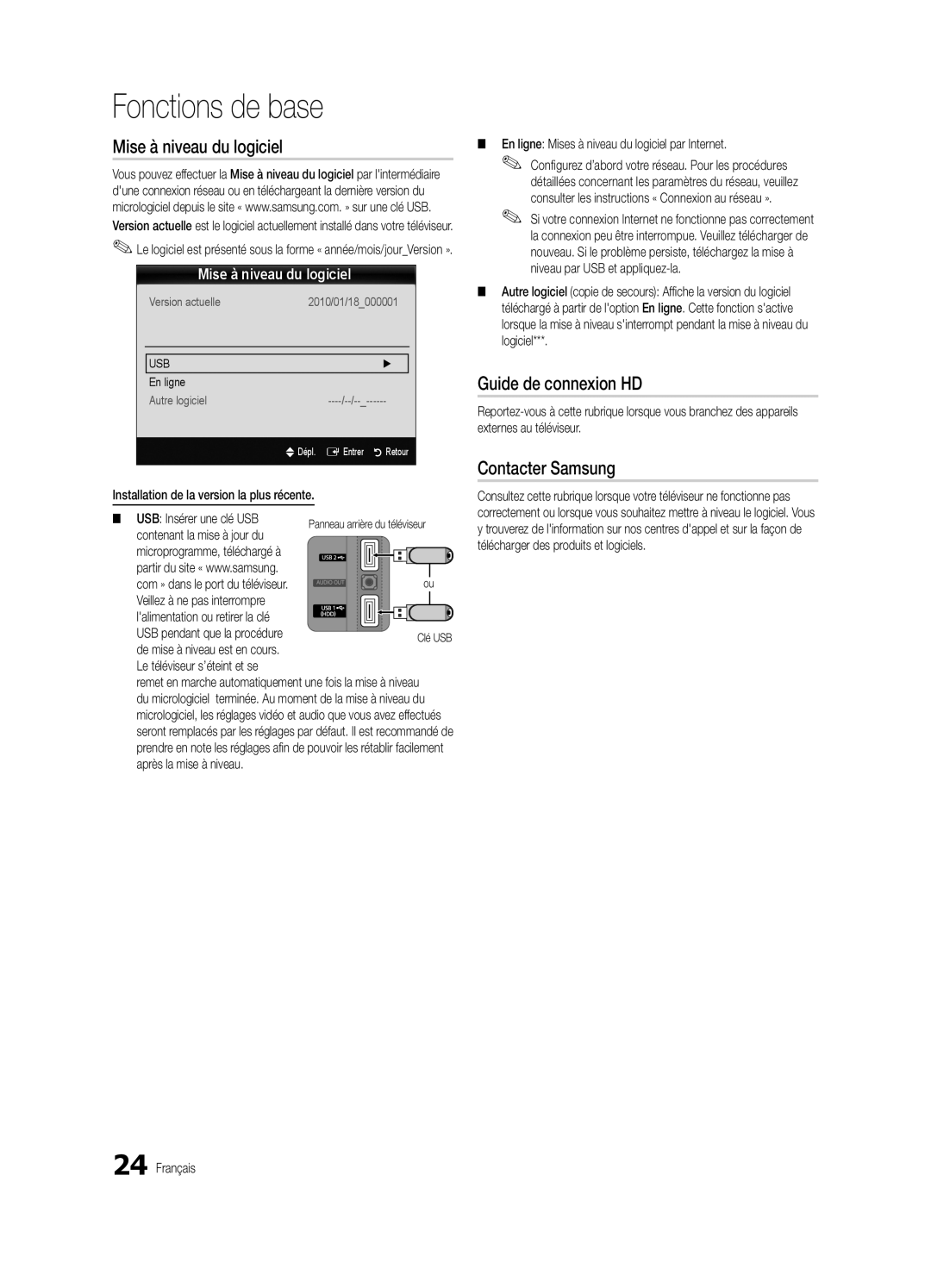 Samsung BN68-03165B-01 Mise à niveau du logiciel, Guide de connexion HD, Contacter Samsung, Fonctions de base, En ligne 