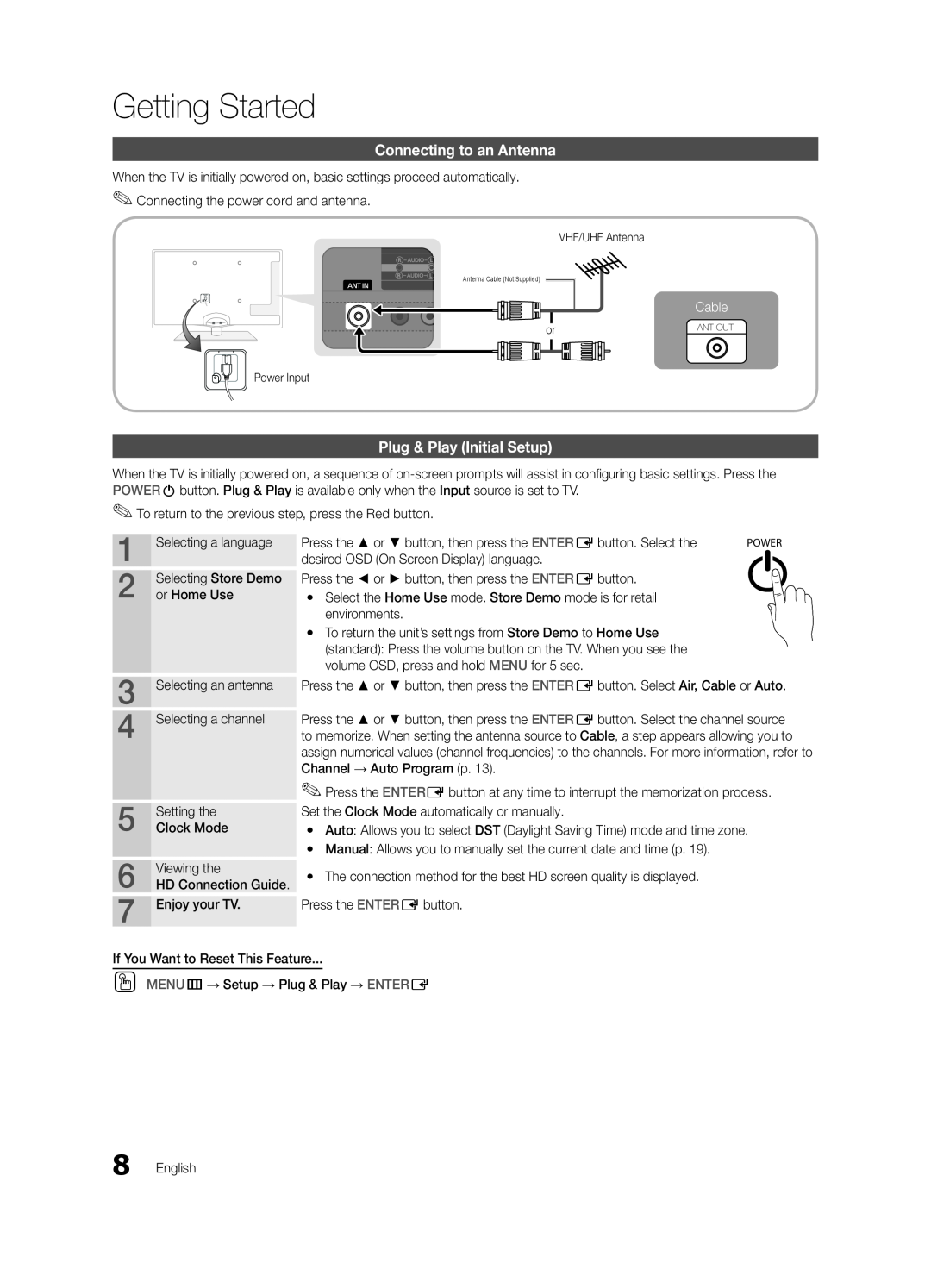 Samsung BN68-03165B-01, UC6300-ZC user manual Connecting to an Antenna, Plug & Play Initial Setup, Cable, Getting Started 