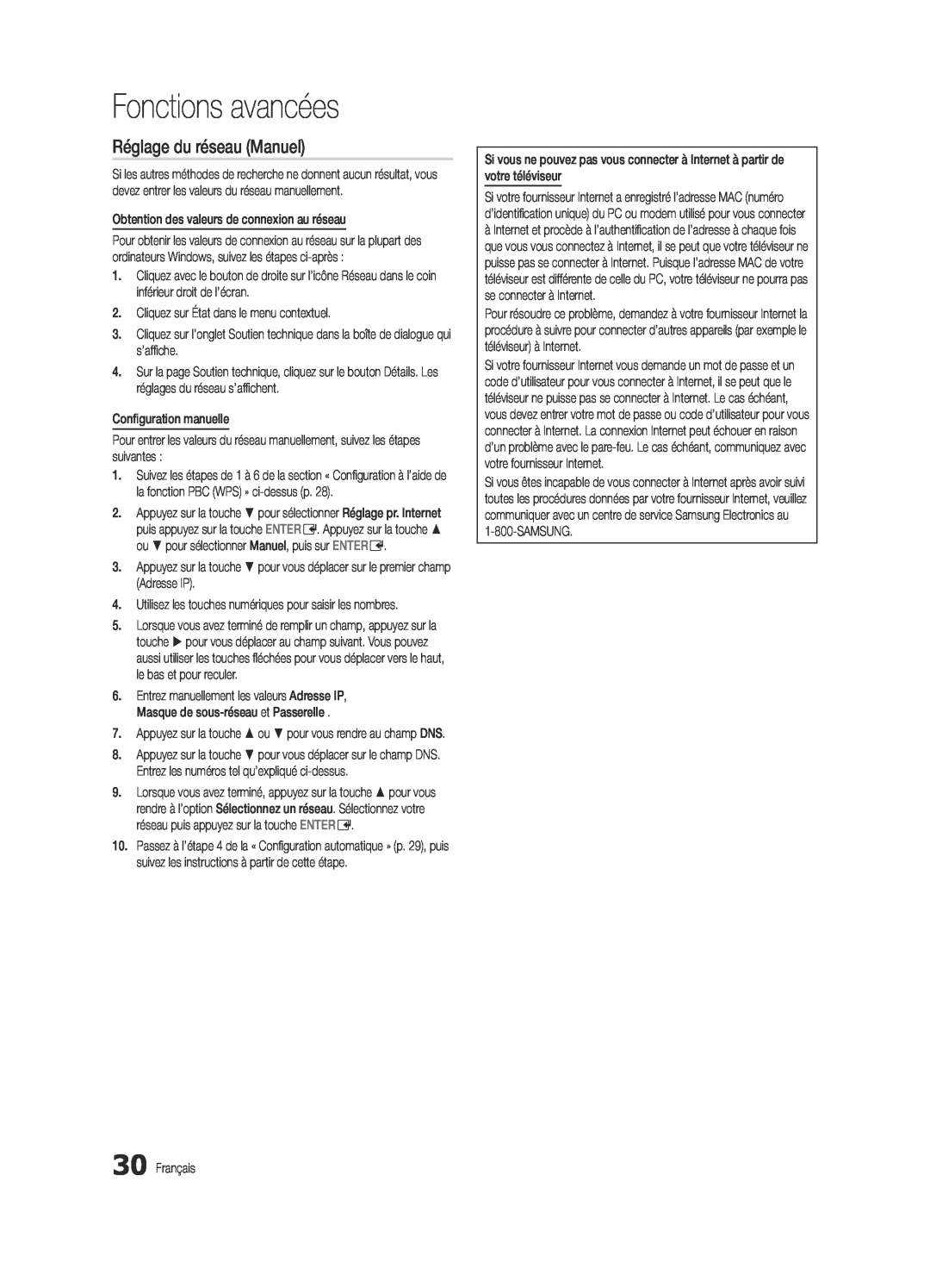 Samsung BN68-03165B-01, UC6300-ZC user manual Fonctions avancées, Réglage du réseau Manuel 