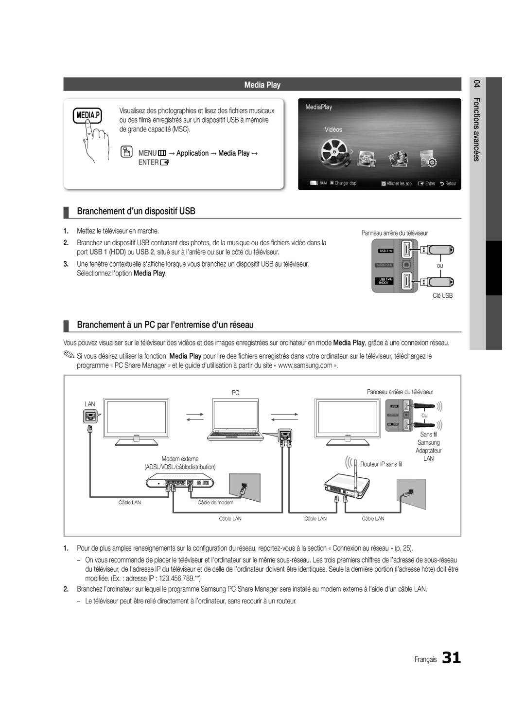 Samsung UC6300-ZC Media.P, Branchement d’un dispositif USB, Branchement à un PC par lentremise dun réseau, Enter E, Vidéos 