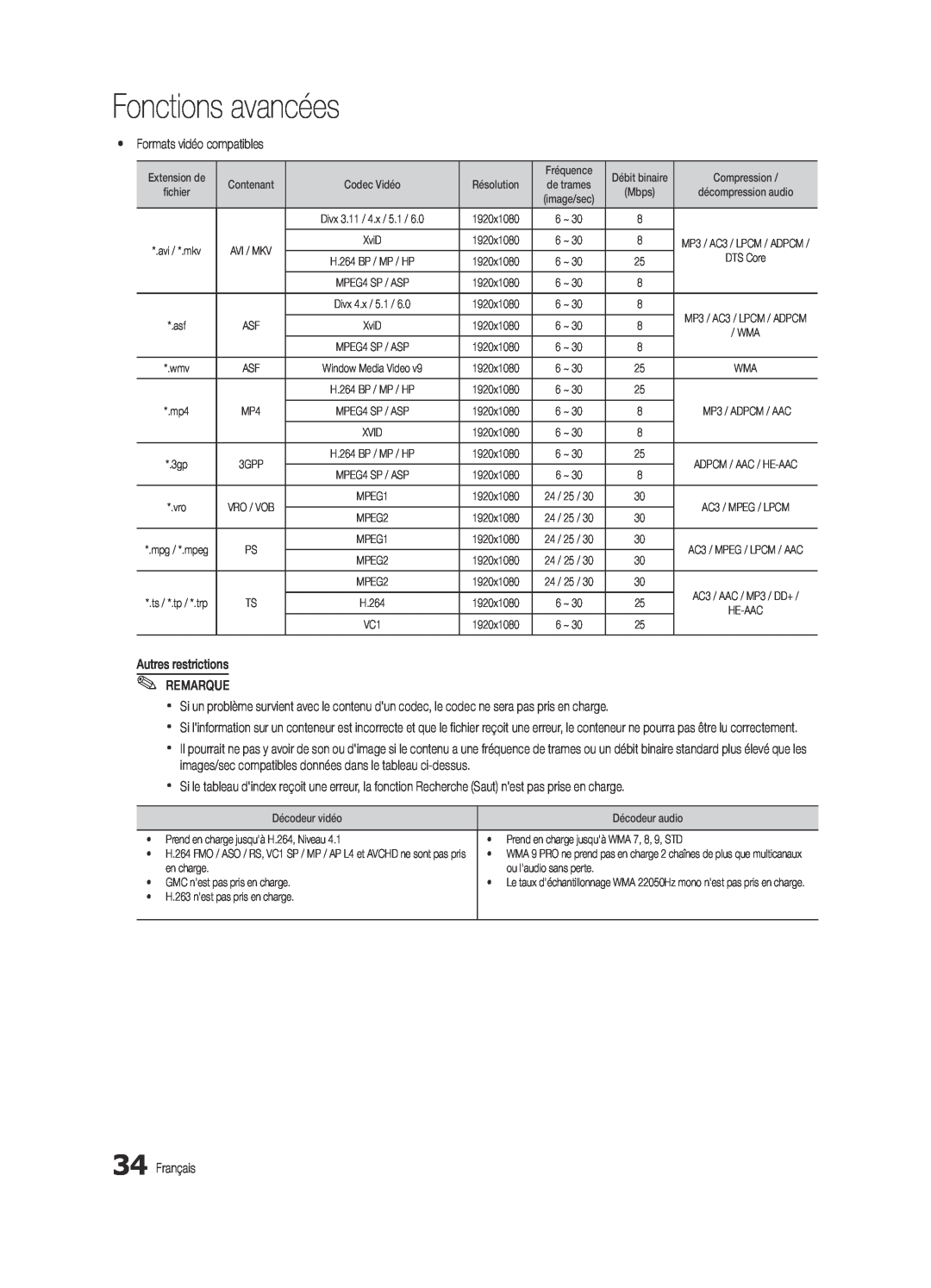 Samsung BN68-03165B-01, UC6300-ZC user manual Fonctions avancées, yy Formats vidéo compatibles 