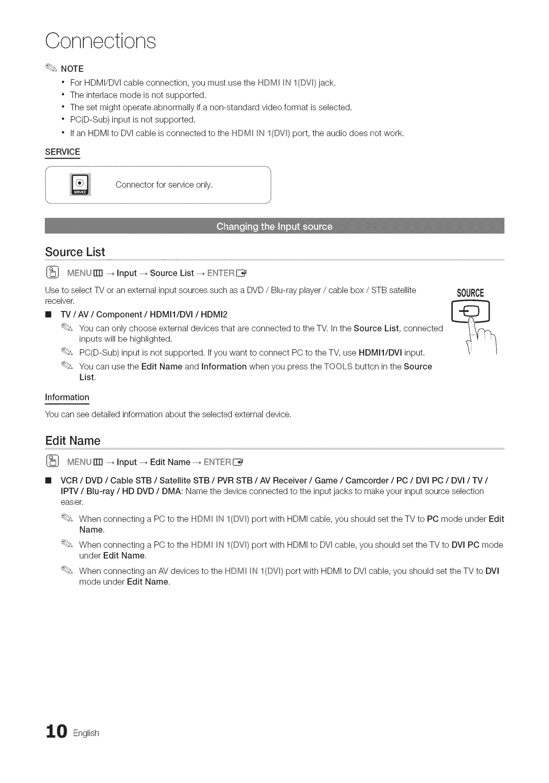 Samsung BN68-03703A-01 user manual Source List, Edit Name, Service, Eneriz, HDMI2 