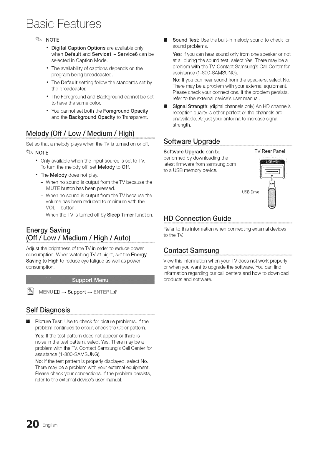 Samsung BN68-03703A-01 Melody Off / Low / Medium / High, Energy Saving Off / Low / Medium / High / Auto, Software Upgrade 