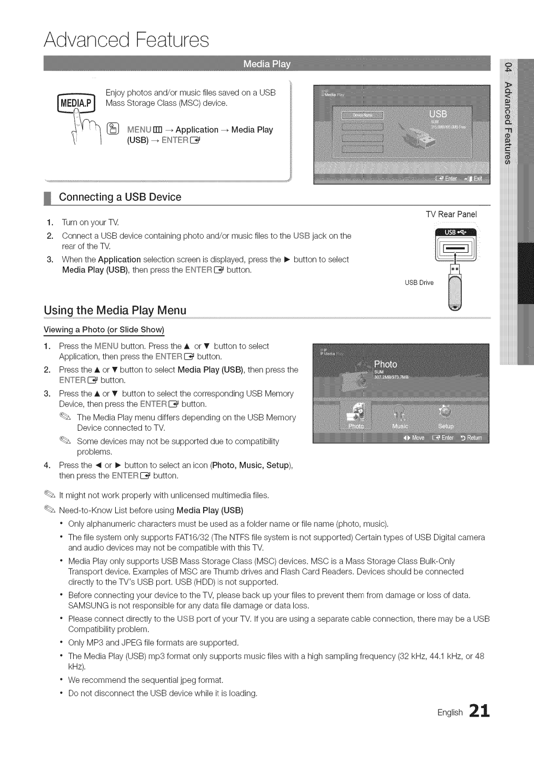 Samsung BN68-03703A-01 user manual Advanced Features, Connecting a USB Device, Using the Media Play Menu, USB Enter IZ 