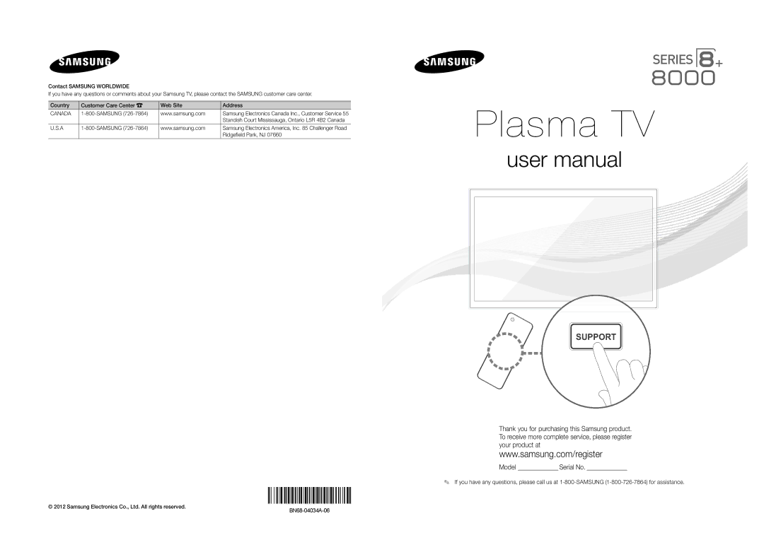 Samsung PN64E8000 Kit, BN68-04034A-06 user manual Plasma TV 