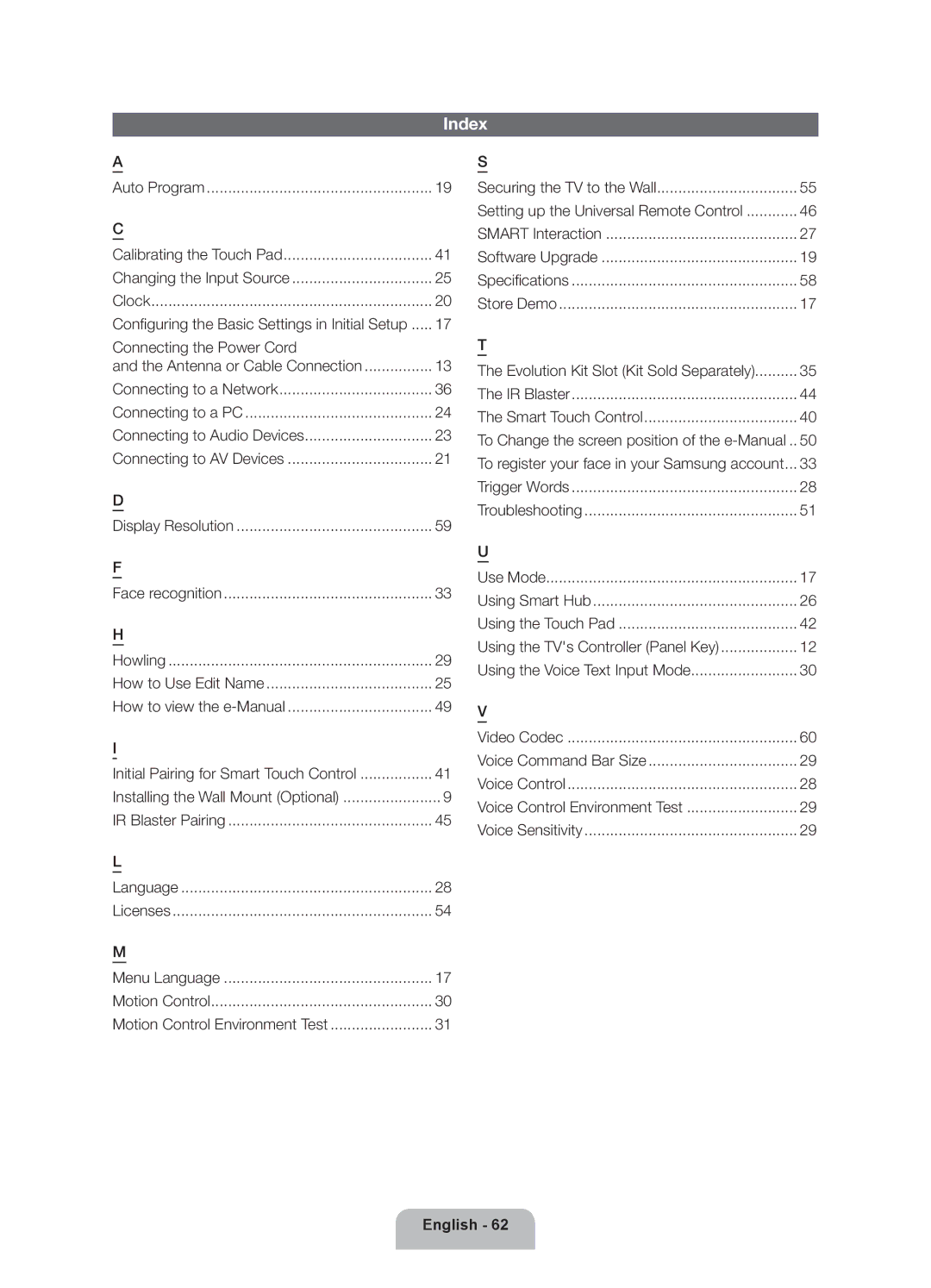 Samsung BN68-04034A-06, PN64E8000 Kit user manual Index, IR Blaster Smart Touch Control 