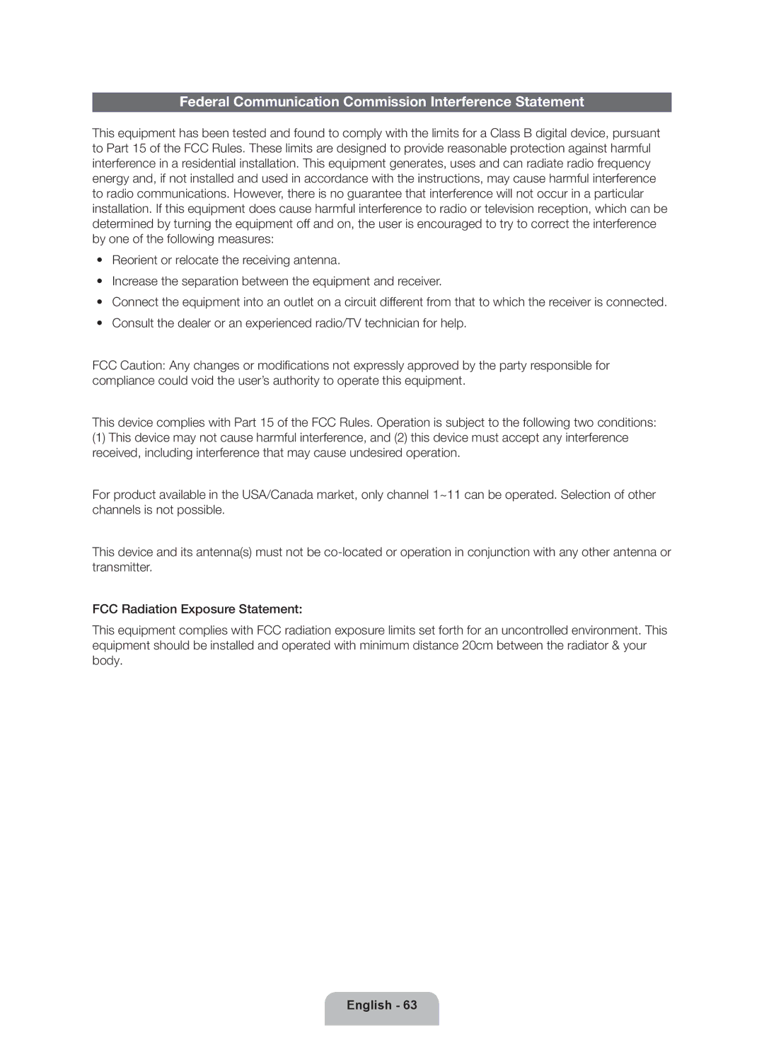 Samsung PN64E8000 Kit, BN68-04034A-06 user manual Federal Communication Commission Interference Statement 