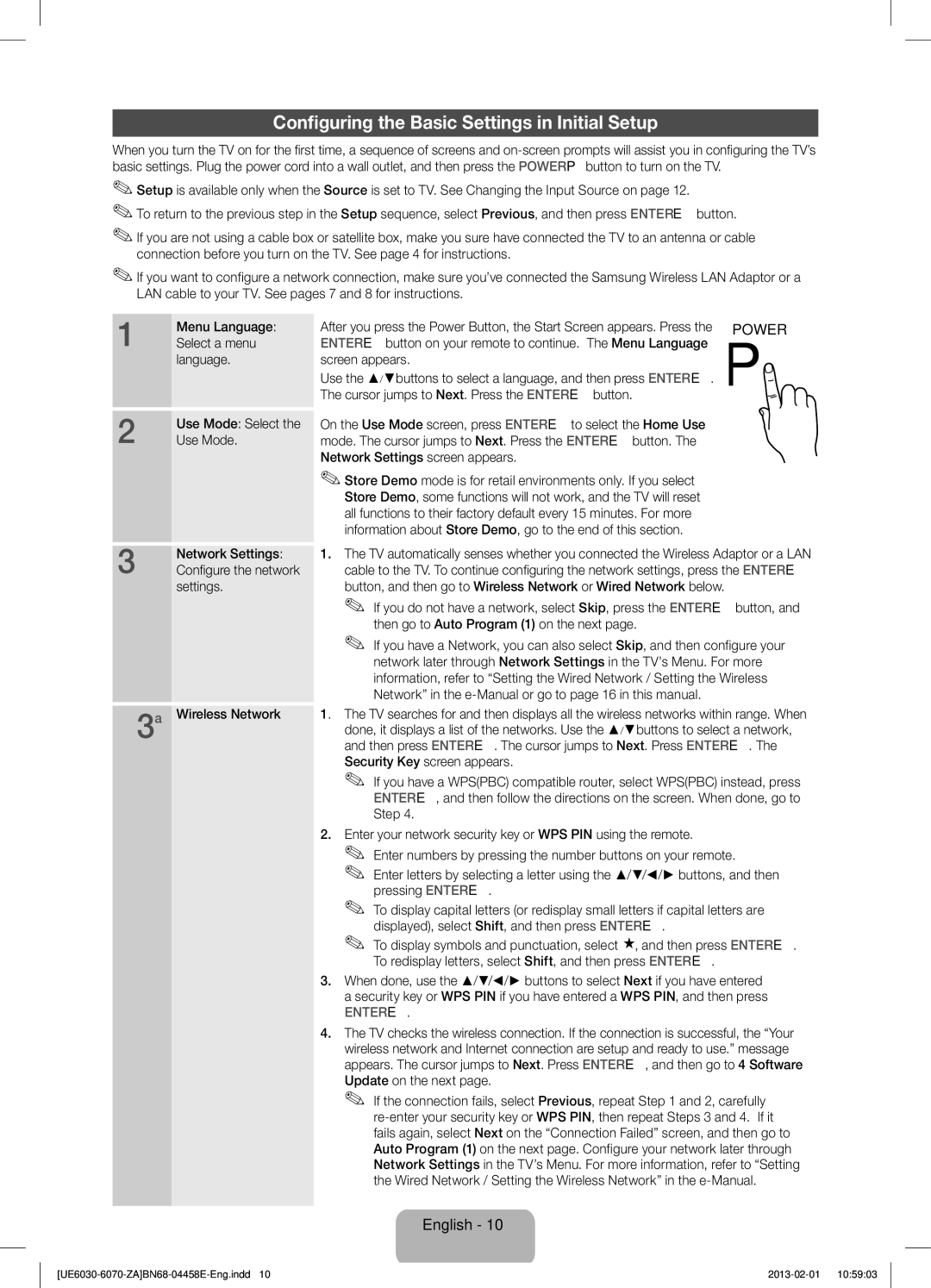 Samsung UN55FH6030, BN68-04458E-00, UN46FH6030F user manual Configuring the Basic Settings in Initial Setup 