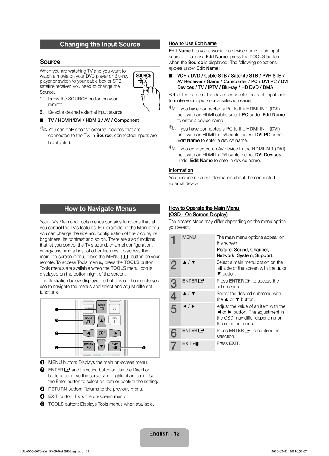 Samsung BN68-04458E-00 Changing the Input Source, How to Navigate Menus, Menu button Displays the main on-screen menu 