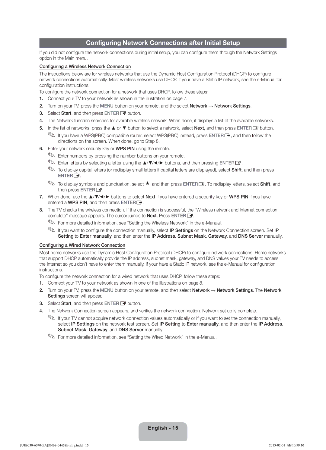 Samsung UN46FH6030F, BN68-04458E-00, UN55FH6030 user manual Configuring Network Connections after Initial Setup 