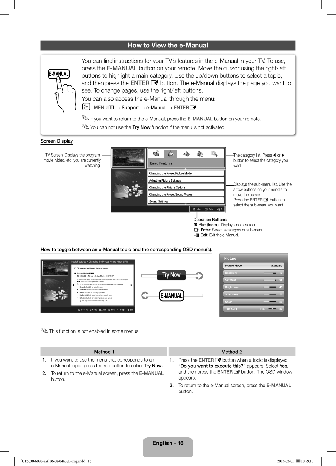 Samsung BN68-04458E-00 How to View the e-Manual, Try Now, Screen Display, This function is not enabled in some menus 