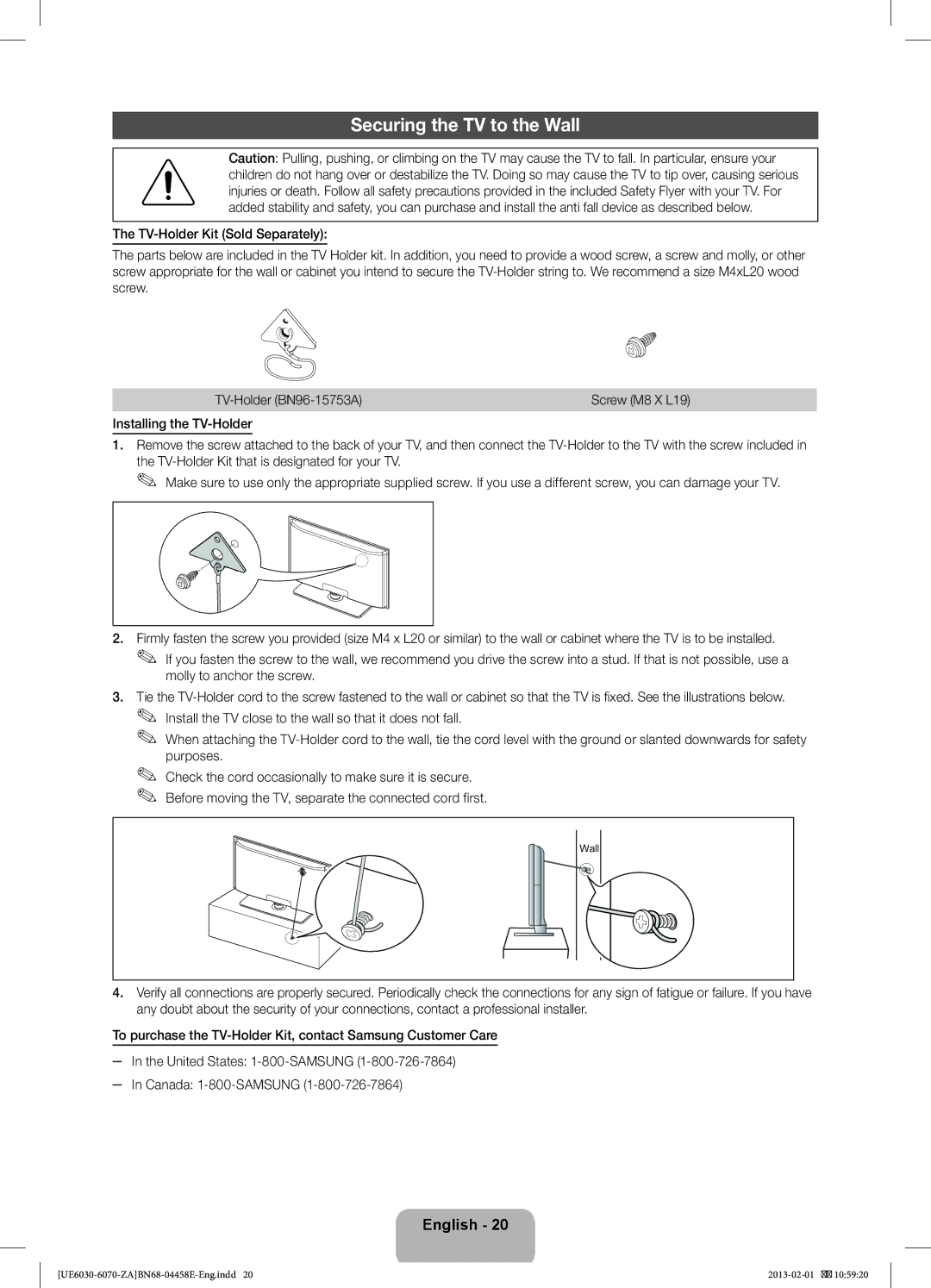 Samsung BN68-04458E-00, UN55FH6030, UN46FH6030F user manual Securing the TV to the Wall, Screw M8 X L19 