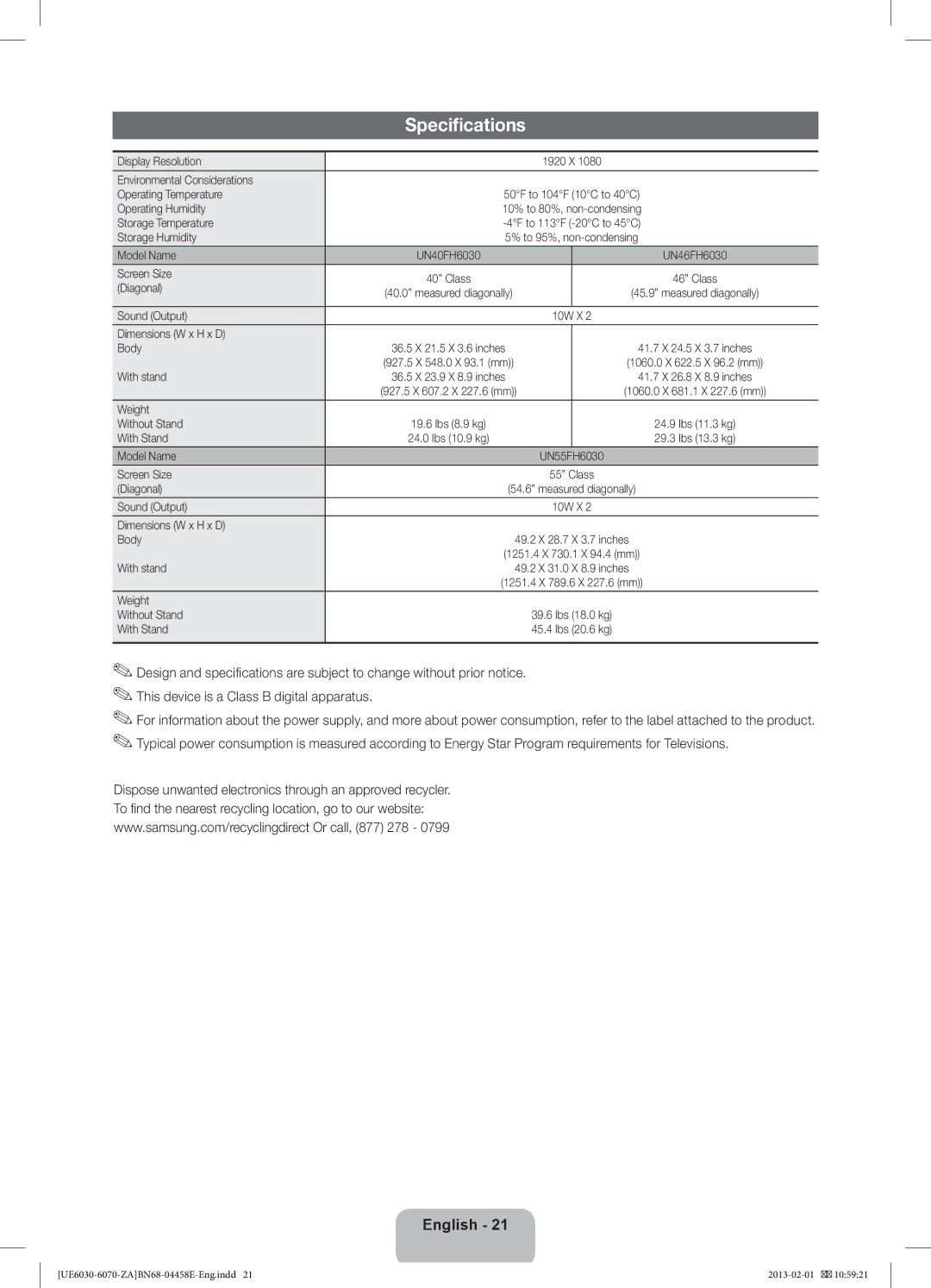 Samsung BN68-04458E Display Resolution, Environmental Considerations Operating Temperature, Operating Humidity, Model Name 