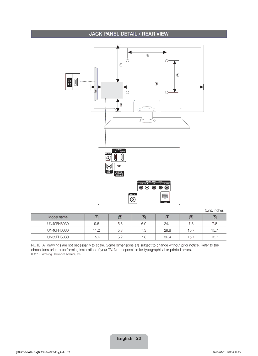 Samsung UN46FH6030F, BN68-04458E-00, UN55FH6030 user manual Jack Panel Detail / Rear View 