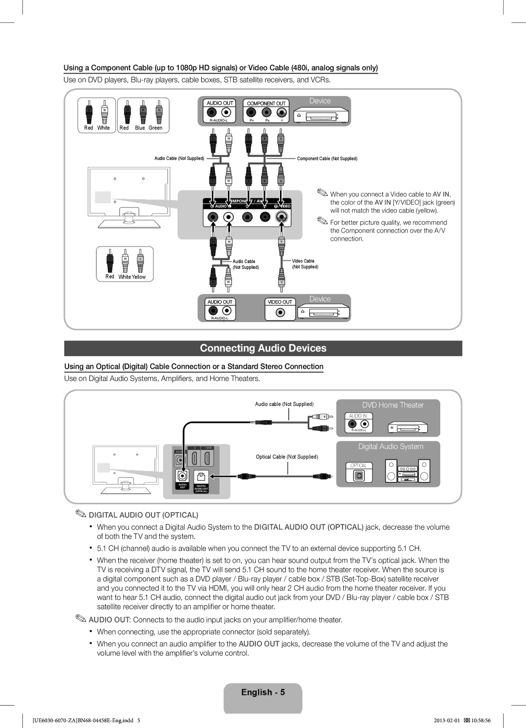 Samsung BN68-04458E-00, UN55FH6030, UN46FH6030F user manual Connecting Audio Devices, Digital Audio System 