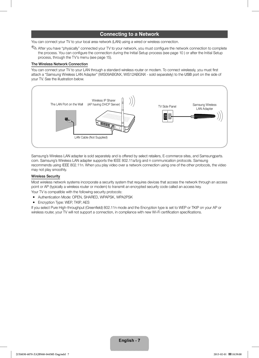 Samsung UN46FH6030F, BN68-04458E Connecting to a Network, WEP or Tkip on your AP or specifications, LAN Cable Not Supplied 