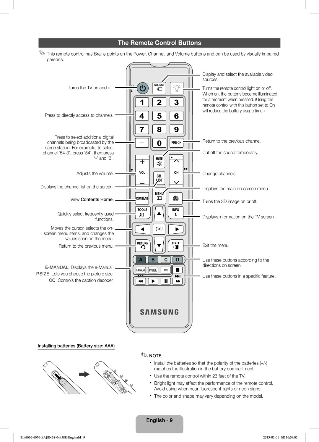 Samsung BN68-04458E-00, UN55FH6030, UN46FH6030F user manual Remote Control Buttons 