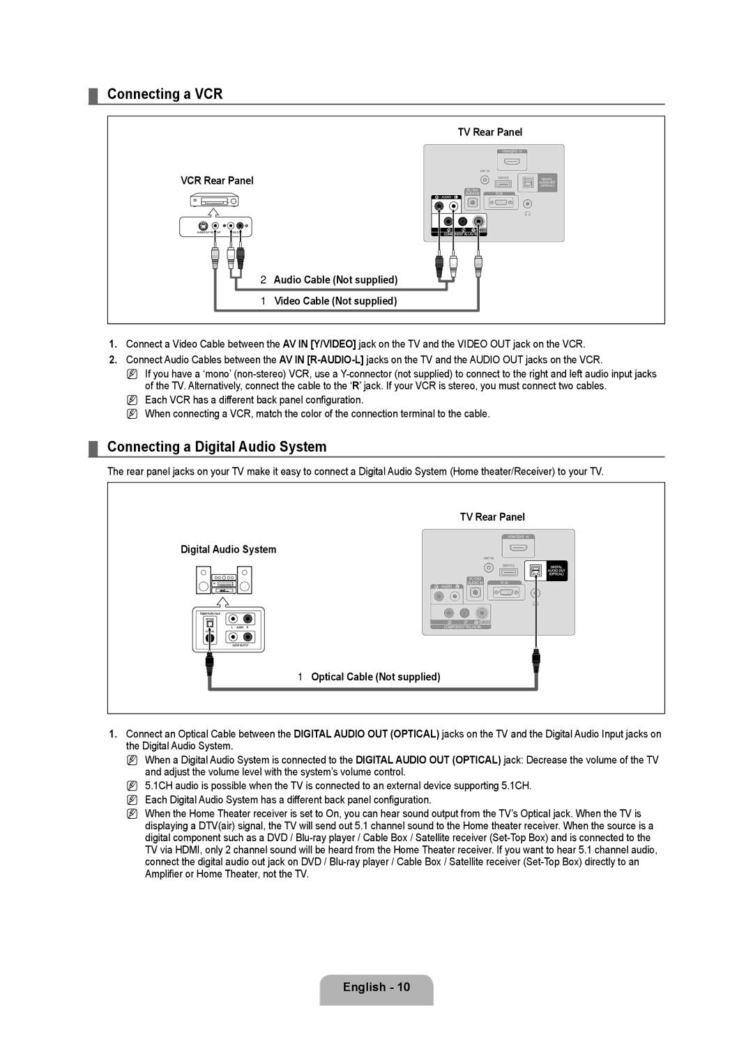 Samsung BN68 user manual Connecting a VCR, Connecting a Digital Audio System, Amplifier or Home Theater, not the TV 