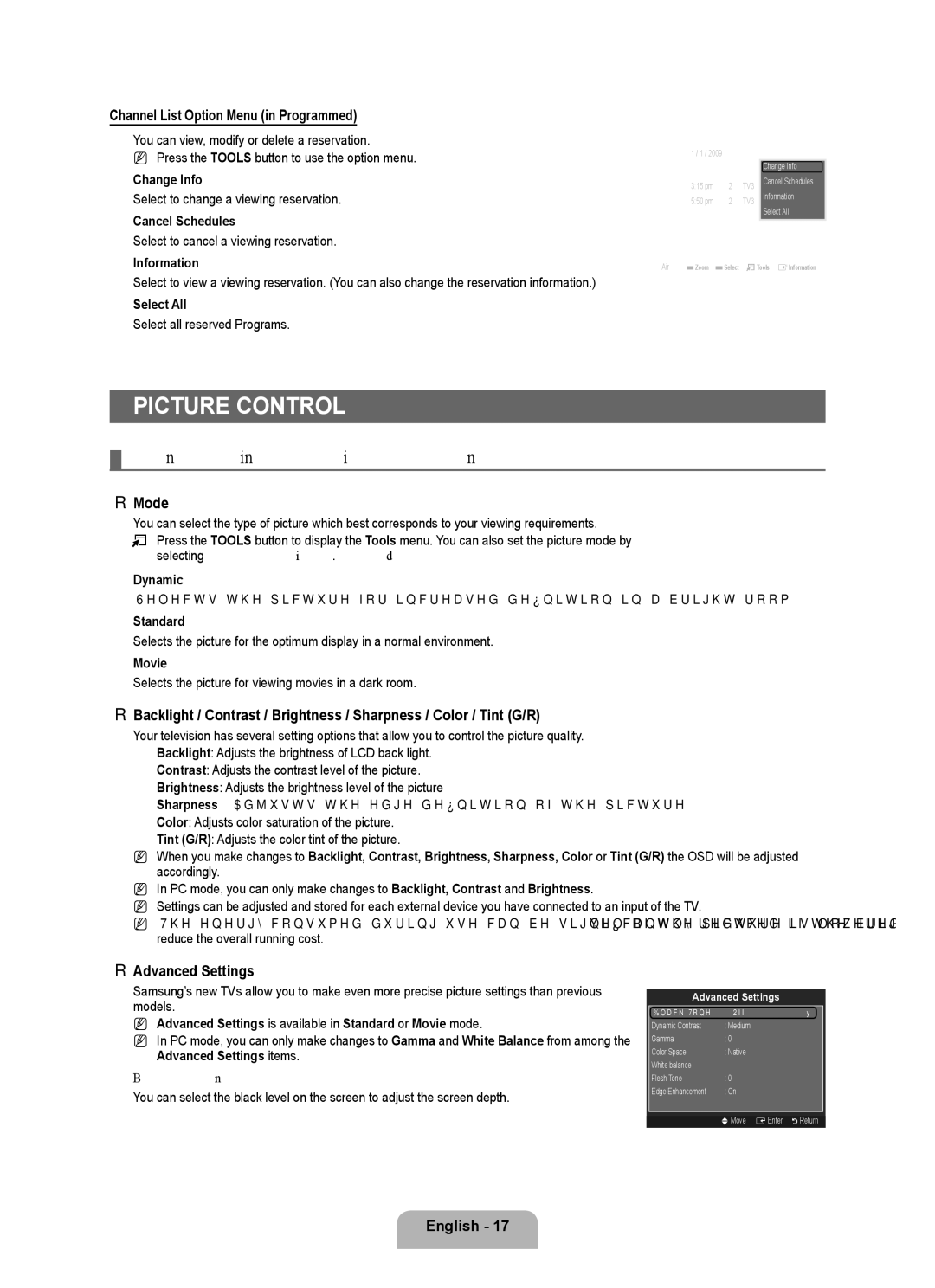 Samsung BN68 user manual Picture Control, Configuring the Picture Menu, Channel List Option Menu in Programmed, Mode 