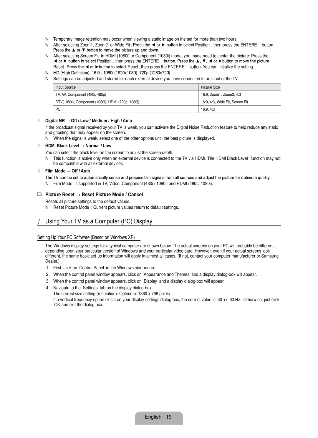 Samsung BN68 user manual Using Your TV as a Computer PC Display, Picture Reset → Reset Picture Mode / Cancel 