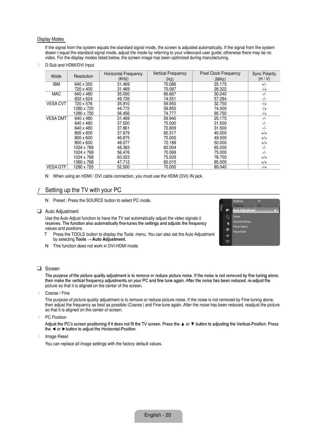 Samsung BN68 user manual Setting up the TV with your PC, Display Modes, Auto Adjustment, Screen 