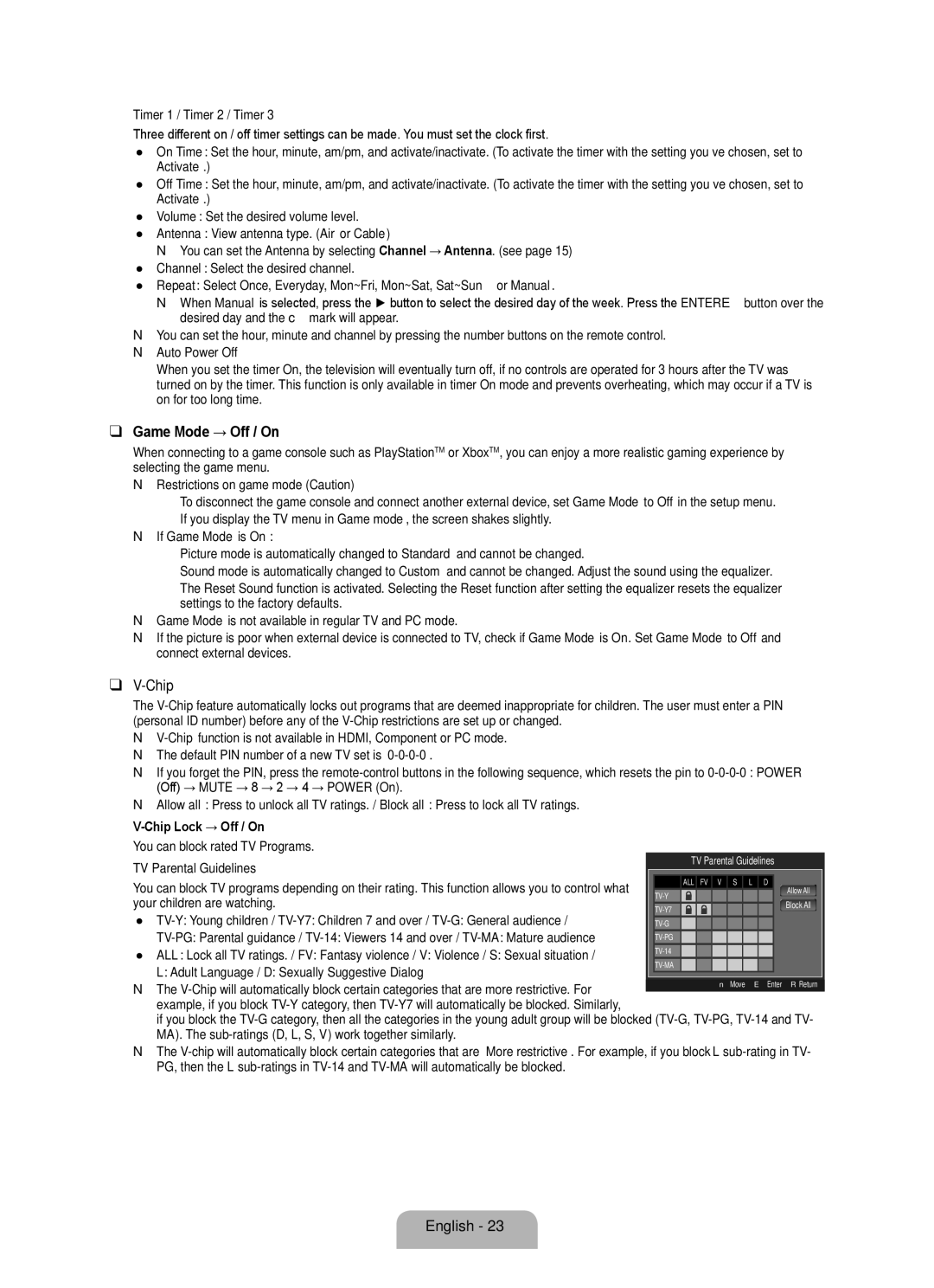 Samsung BN68 user manual Game Mode → Off / On, Chip 