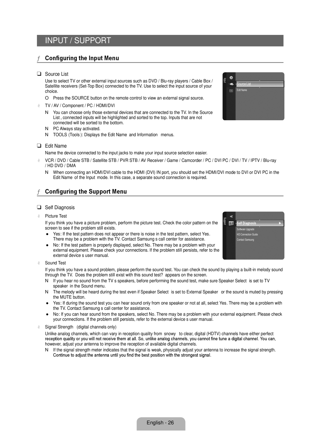 Samsung BN68 user manual Input / Support, Configuring the Input Menu, Configuring the Support Menu 