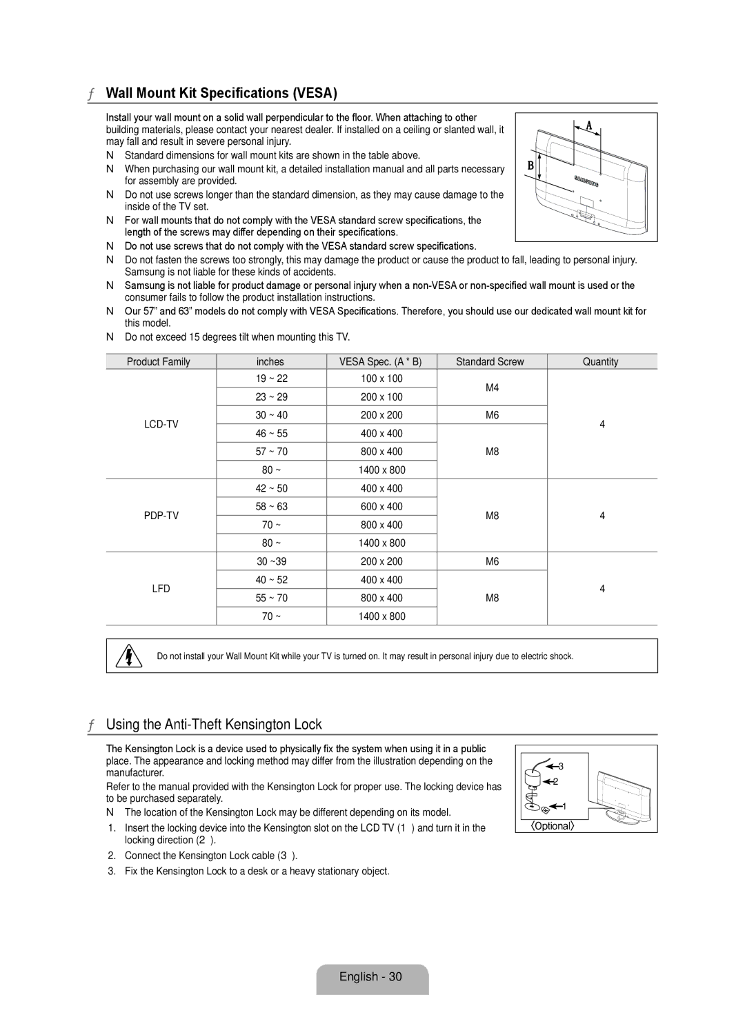 Samsung BN68 user manual Wall Mount Kit Specifications Vesa, Using the Anti-Theft Kensington Lock 