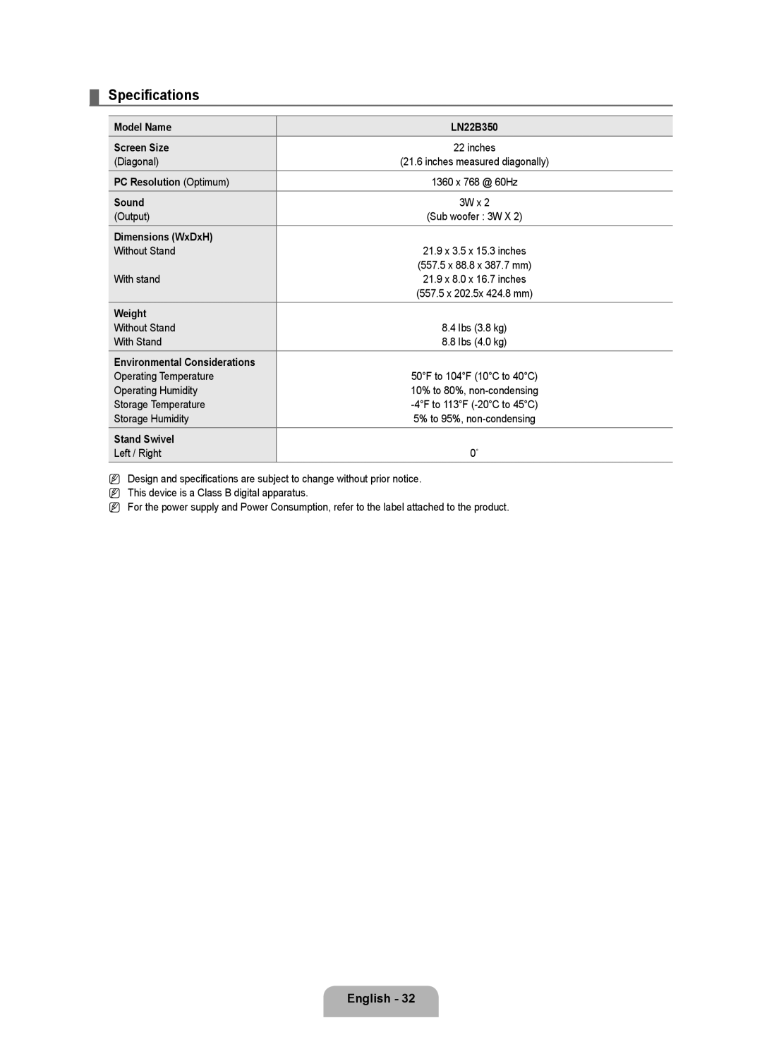 Samsung BN68 user manual Specifications 