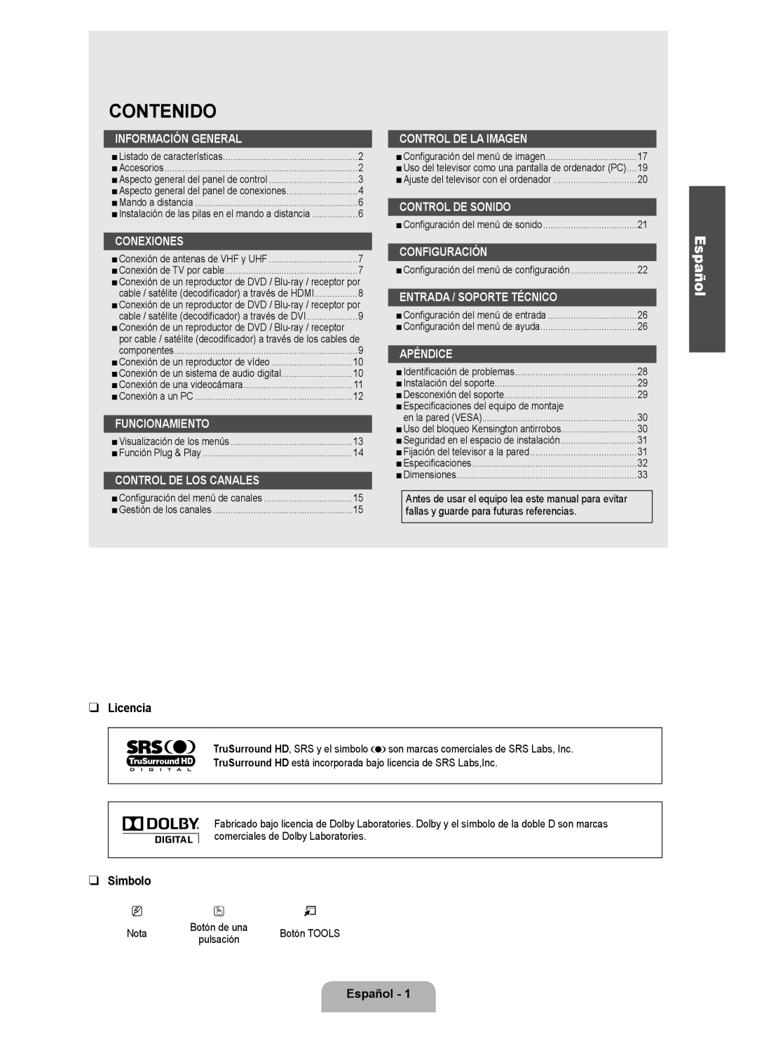 Samsung BN68 Licencia, Símbolo, Español, Especificaciones del equipo de montaje, Fallas y guarde para futuras referencias 