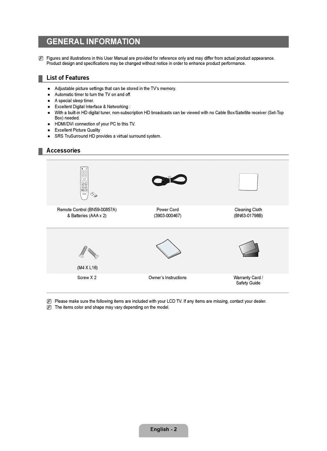 Samsung BN68 General Information, List of Features, Accessories, 3903-000467, M4 X L16 Screw X Owner’s Instructions 