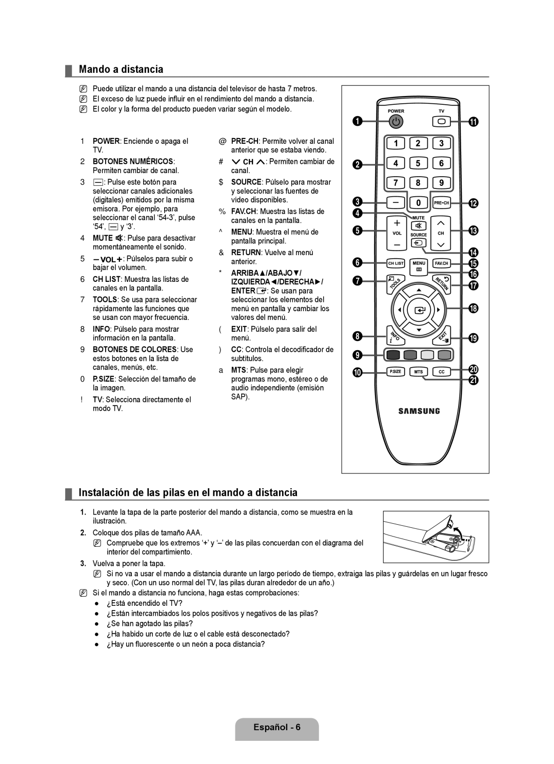 Samsung BN68 user manual Mando a distancia, Instalación de las pilas en el mando a distancia 