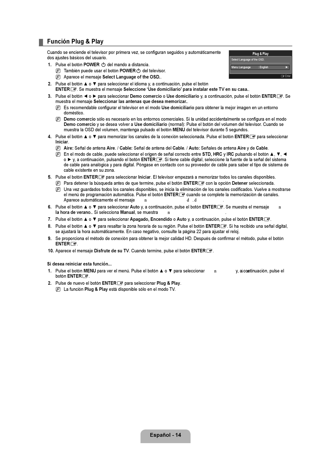 Samsung BN68 Función Plug & Play, Aparece el mensaje Select Language of the OSD, Si desea reiniciar esta función 