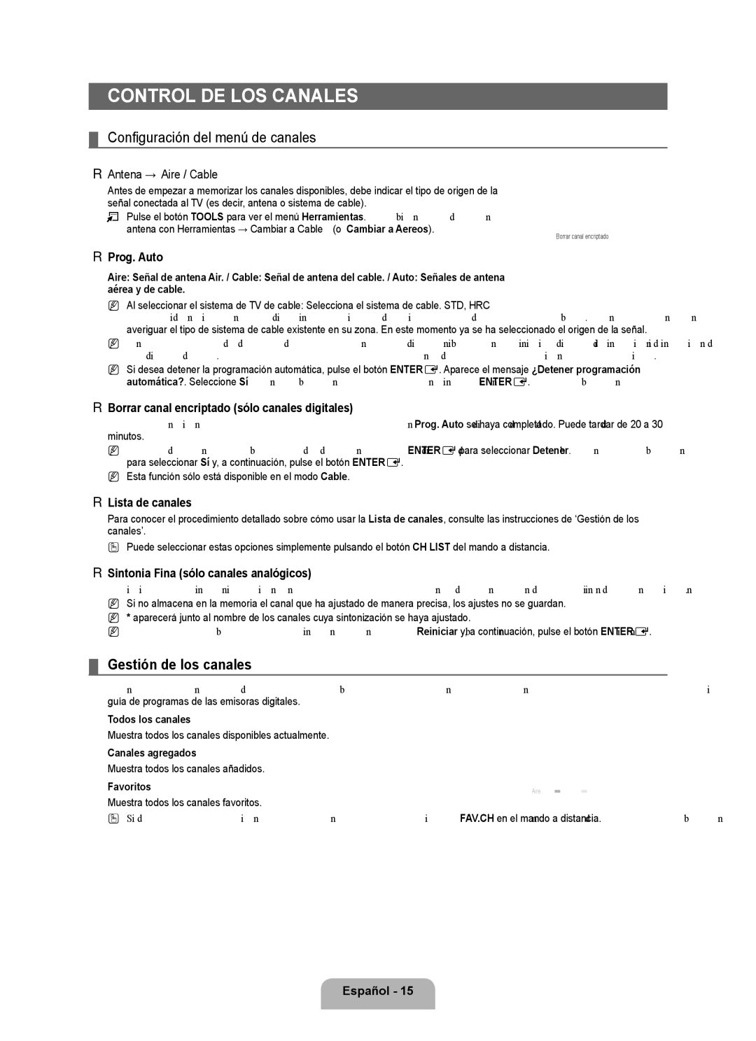 Samsung BN68 user manual Control de los canales, Configuración del menú de canales, Gestión de los canales 